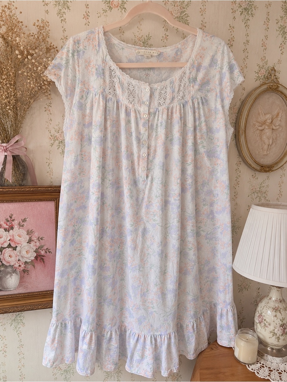 vintage eileen west pastel floral cotton nightgown size xl cottagecore coquette